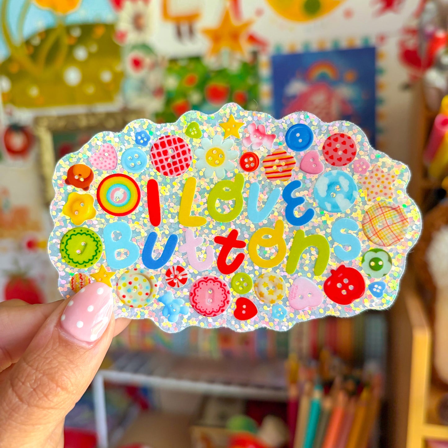 I Love Buttons Glitter Sticker