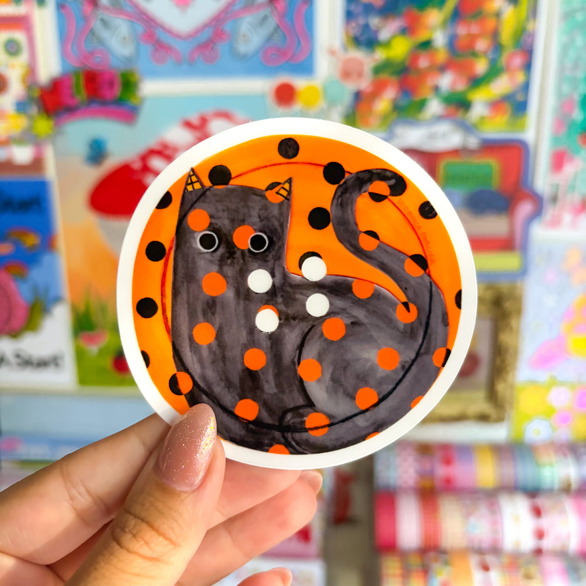 Polka Dot Cat Button Clear Sticker